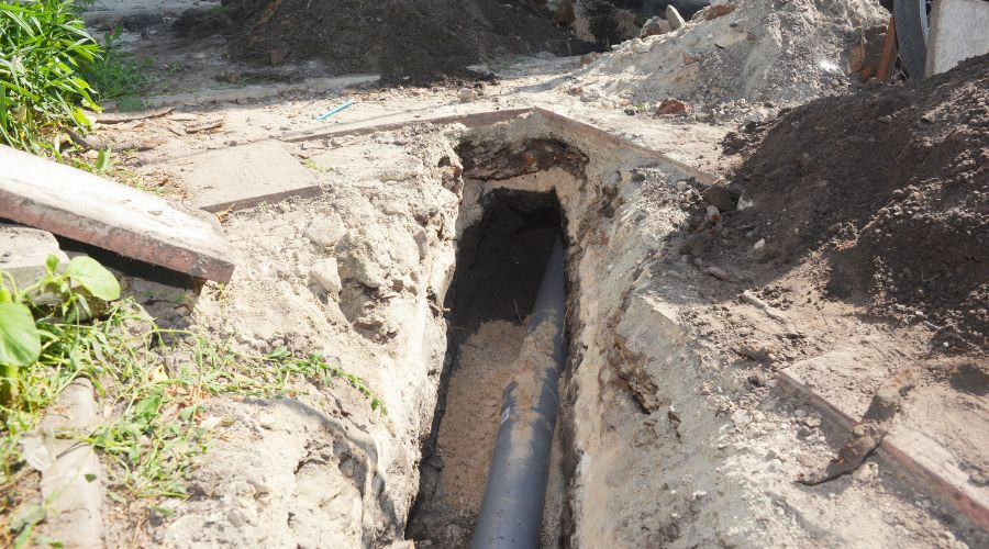 Excavation site revealing an exposed pipe with soil, debris, and vegetation, related to plumbing repairs by Quahog Plumbing.