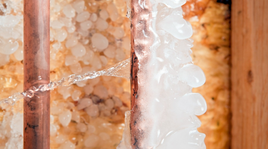 Frozen copper pipe with ice buildup and water leak, illustrating winter plumbing issues and the importance of pipe insulation for preventing damage.